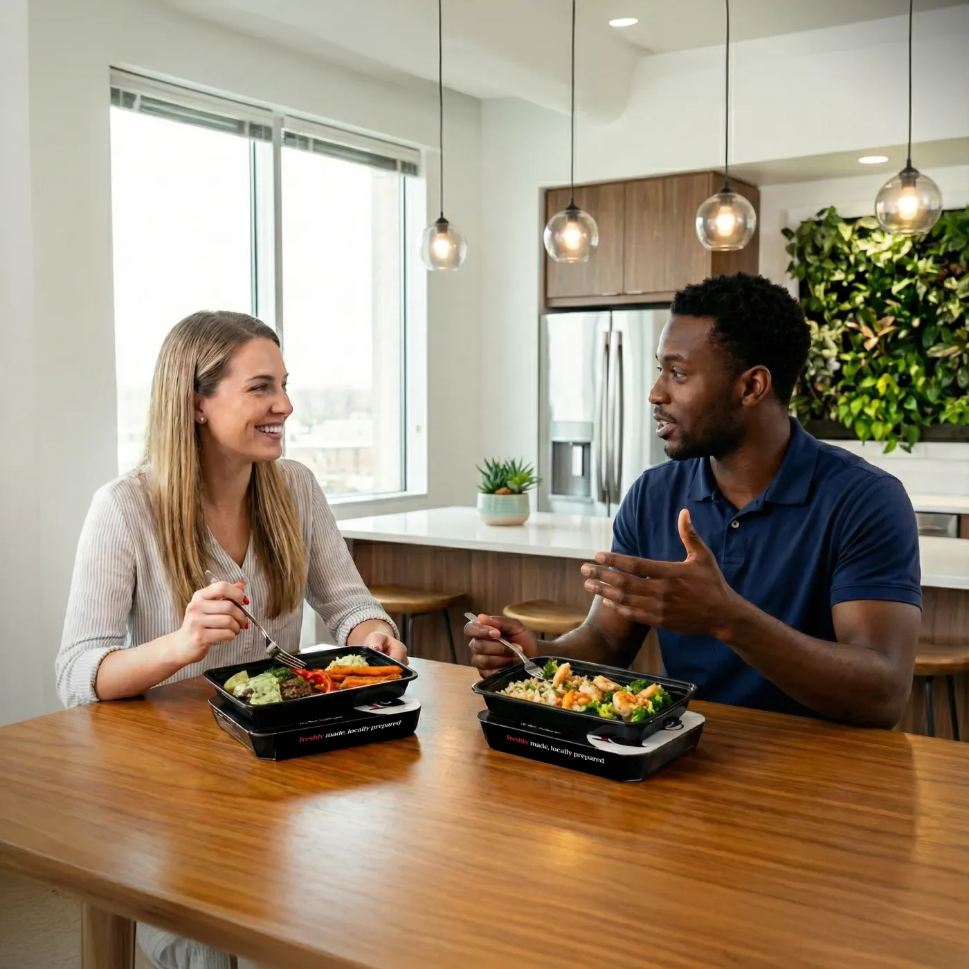 Two coworkers eating My Healthy Penguin meals together at an office kitchen table