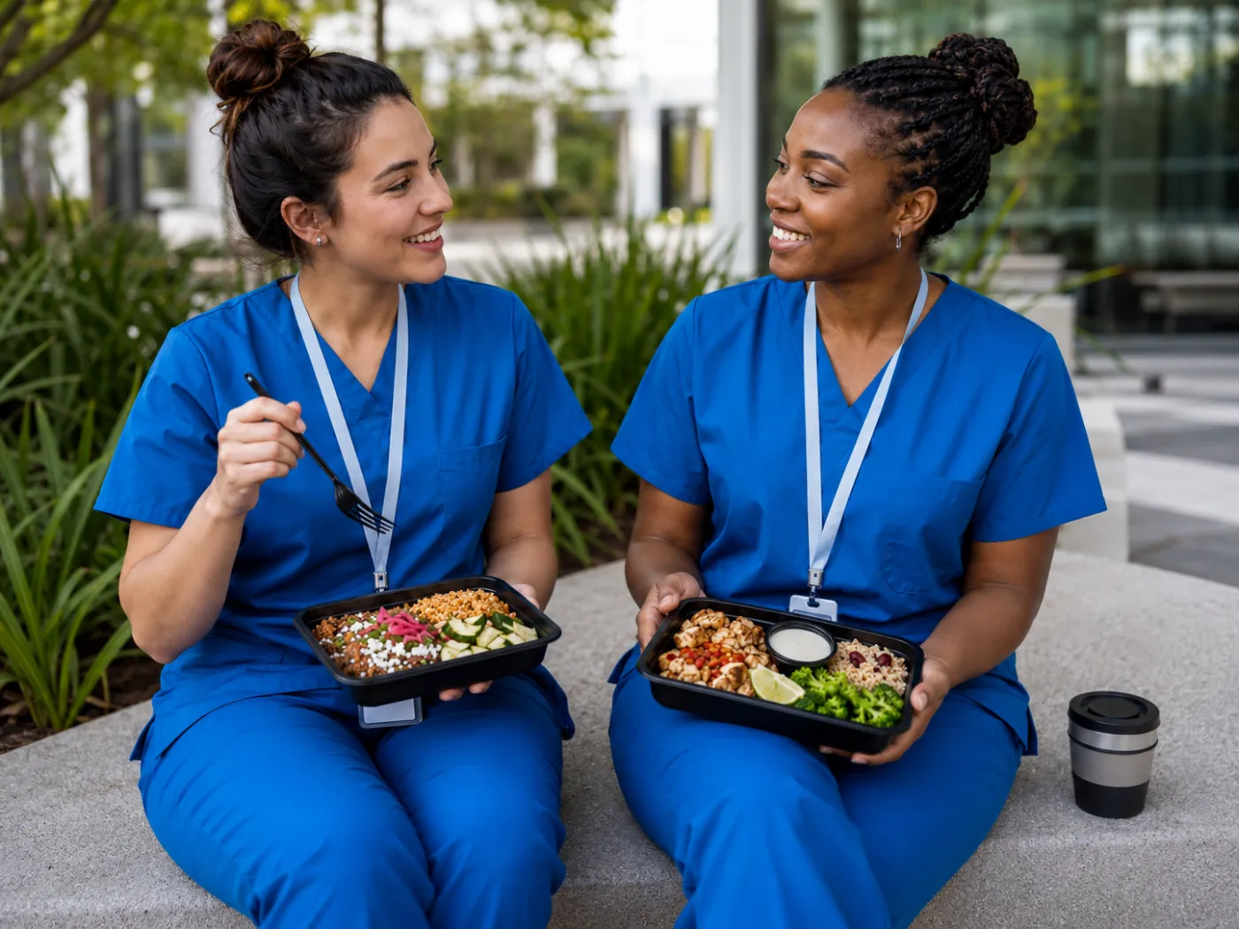 Two healthcare staff in scrubs enjoying My Healthy Penguin meals outside their workplace