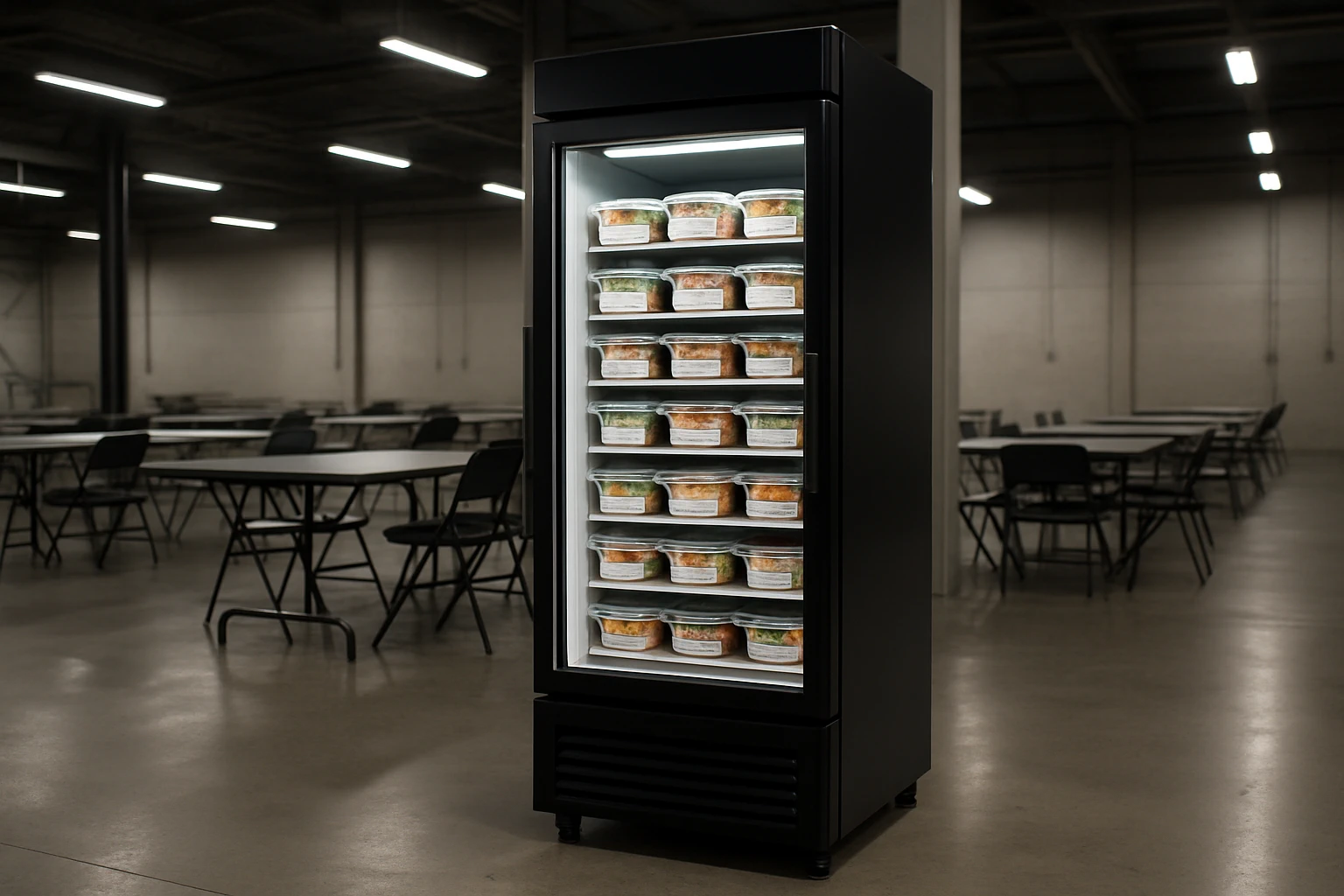 A smart fridge fully stocked with labeled fresh meal containers in a clean industrial break room at an Inland Empire distribution warehouse