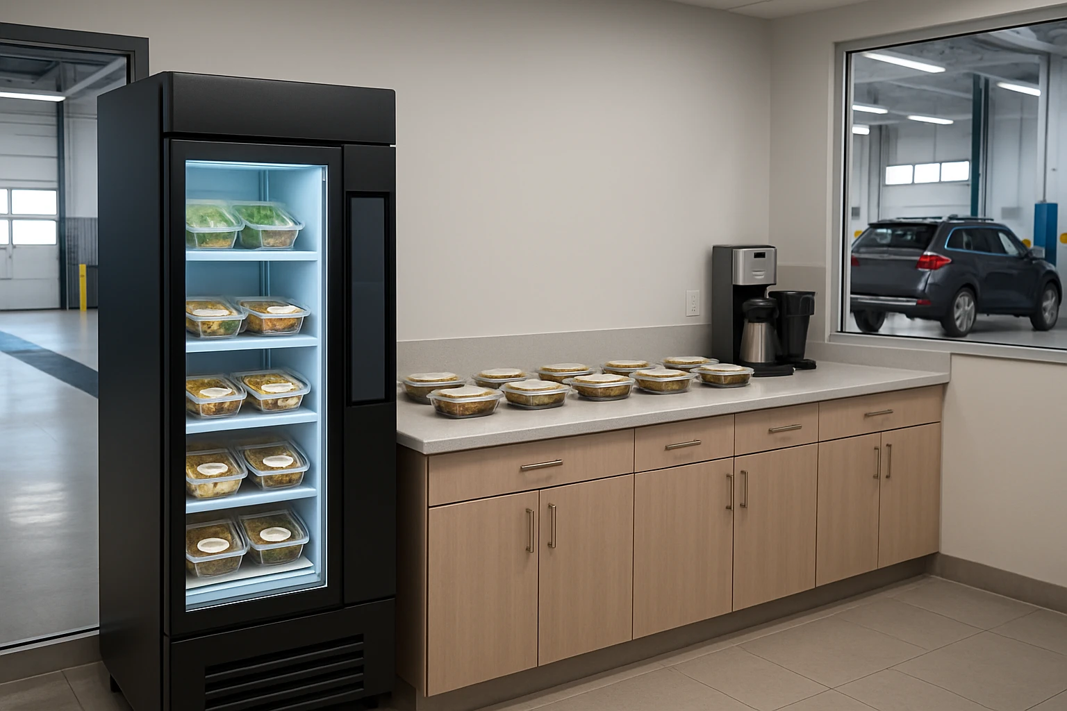 Auto dealership service break area with a smart fridge stocked with fresh meals and labeled meal containers on a countertop