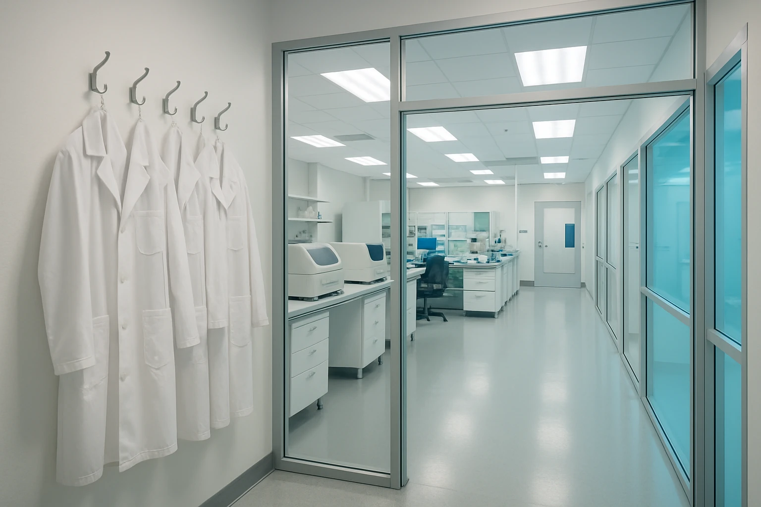 Fresh chef-prepared meal containers lined up on a counter in a modern Orange County biotech office kitchen with glass walls and California light