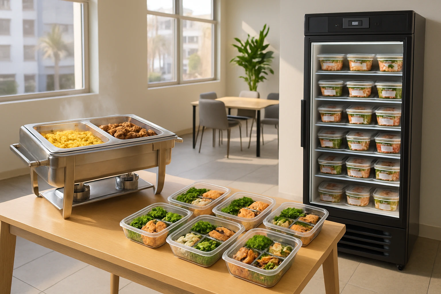 Three workplace food options displayed together: a hot buffet station, portioned meal containers, and an open smart fridge in a modern break room