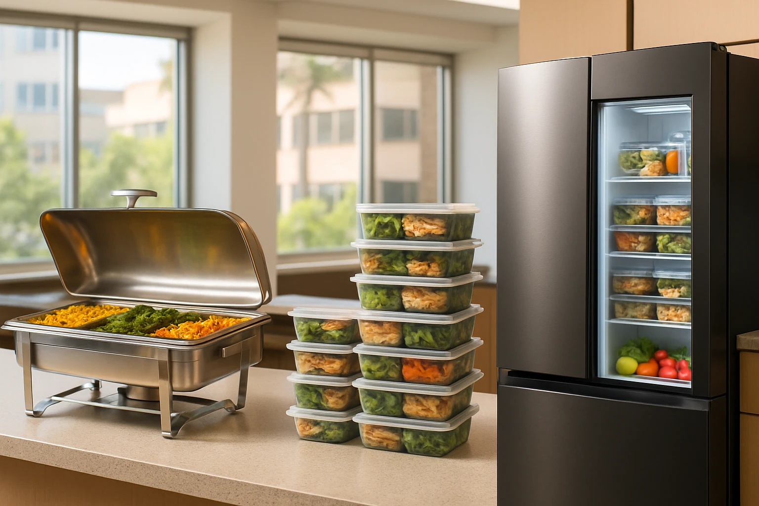 Three workplace food service options side by side: a hot buffet chafing dish, stacked meal containers, and a smart fridge in a Southern California office