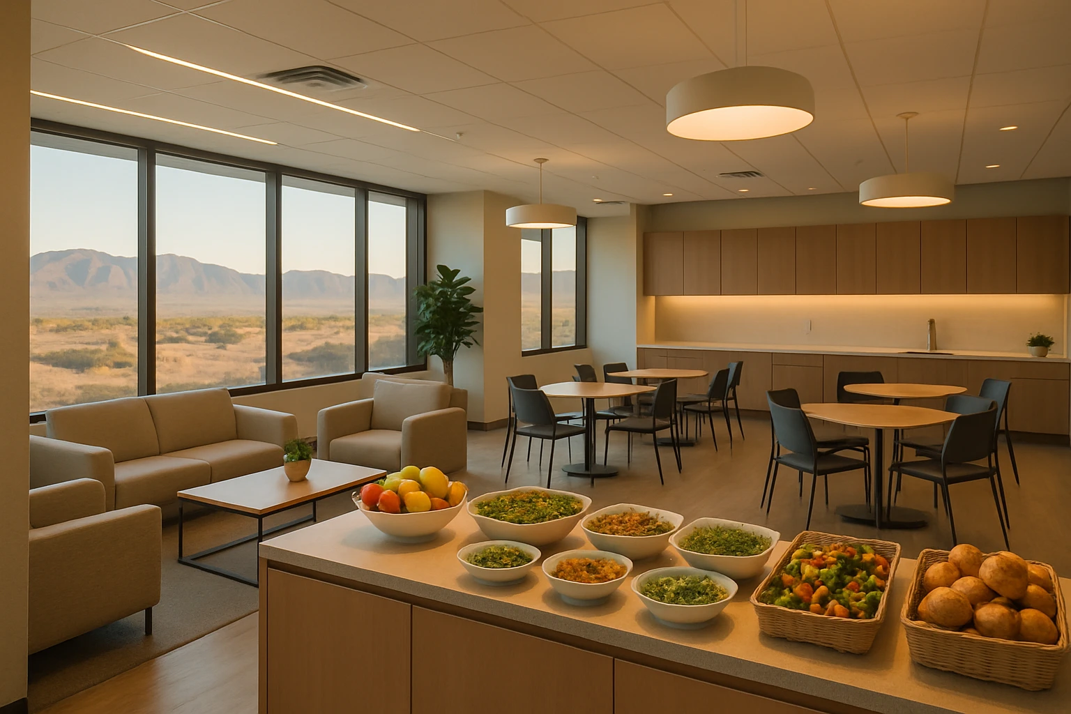 Modern Inland Empire corporate office lounge with a fresh meal buffet station as a visible employee benefit, warm lighting and desert hills through windows