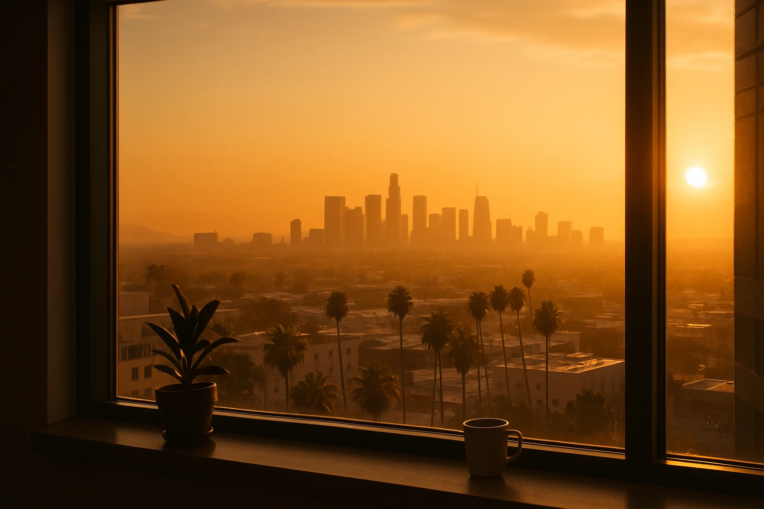 Sleek corporate office kitchen in a Burbank-style building with fresh portioned meal containers on a marble counter and city skyline visible through floor-to-ceiling windows
