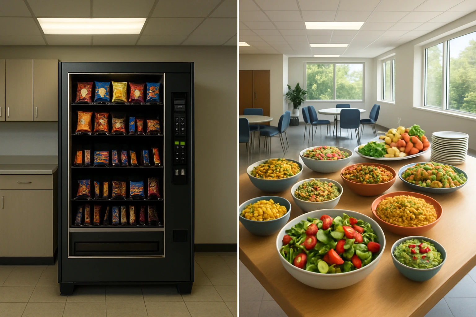 A vending machine stocked with chips next to a vibrant fresh meal buffet setup in a Southern California office break room