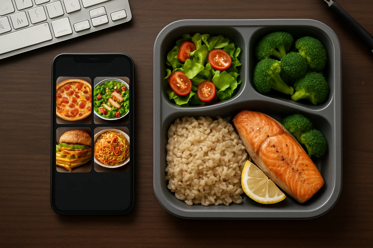 Phone showing food delivery app next to a workplace meal