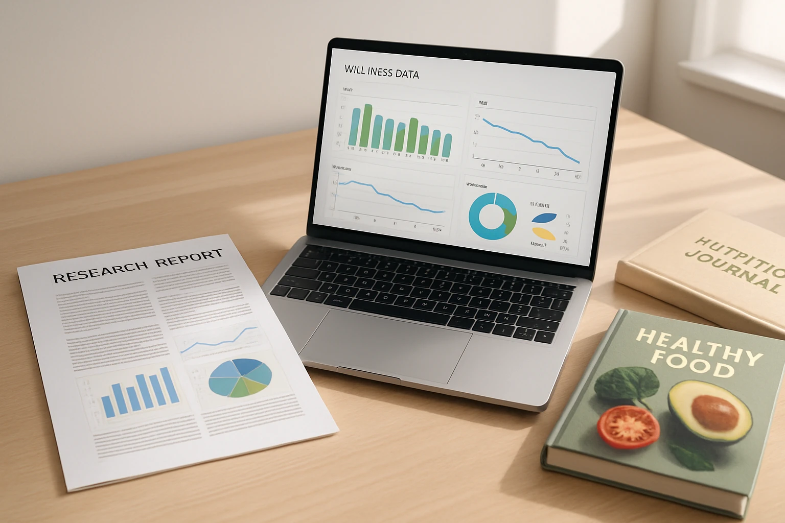 Printed wellness research report and laptop with wellness data charts on a research desk with natural light and a nutrition reference book