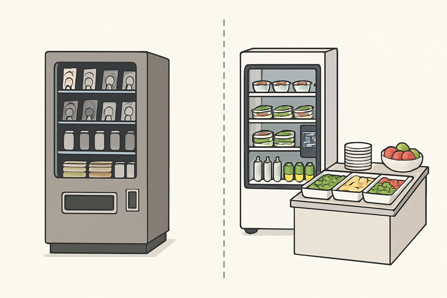 Modern workplace kitchen with fresh meal options available for employees