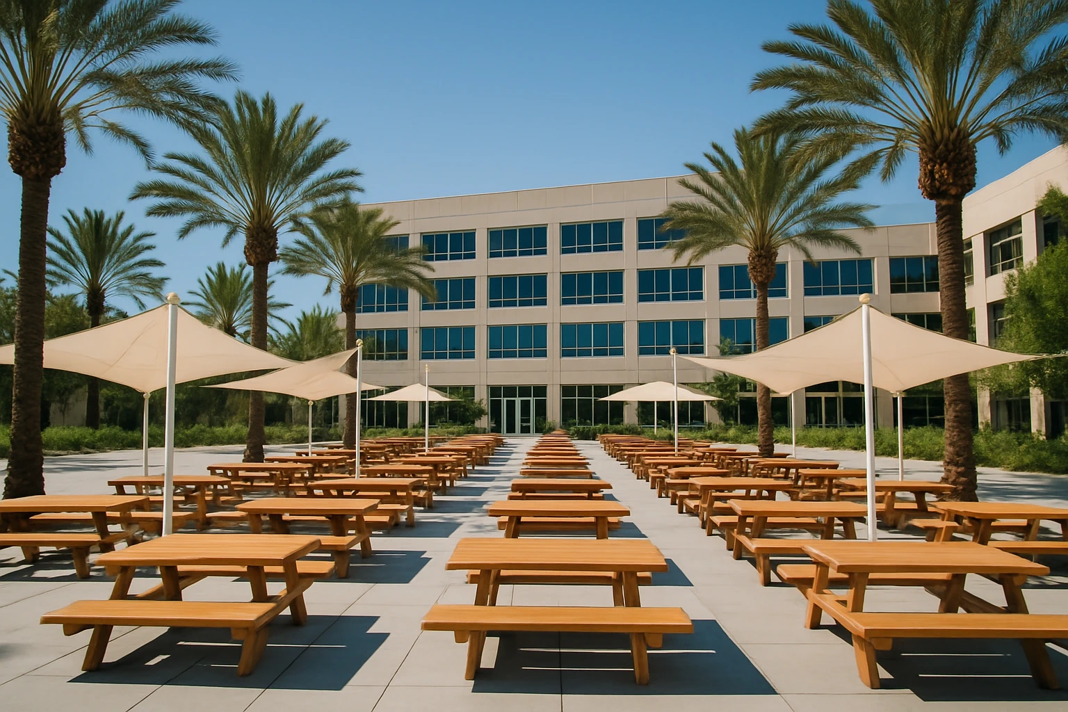 A full hot buffet line with six chafing dishes, a salad bar, and fresh fruit display set for a large Southern California office cafeteria