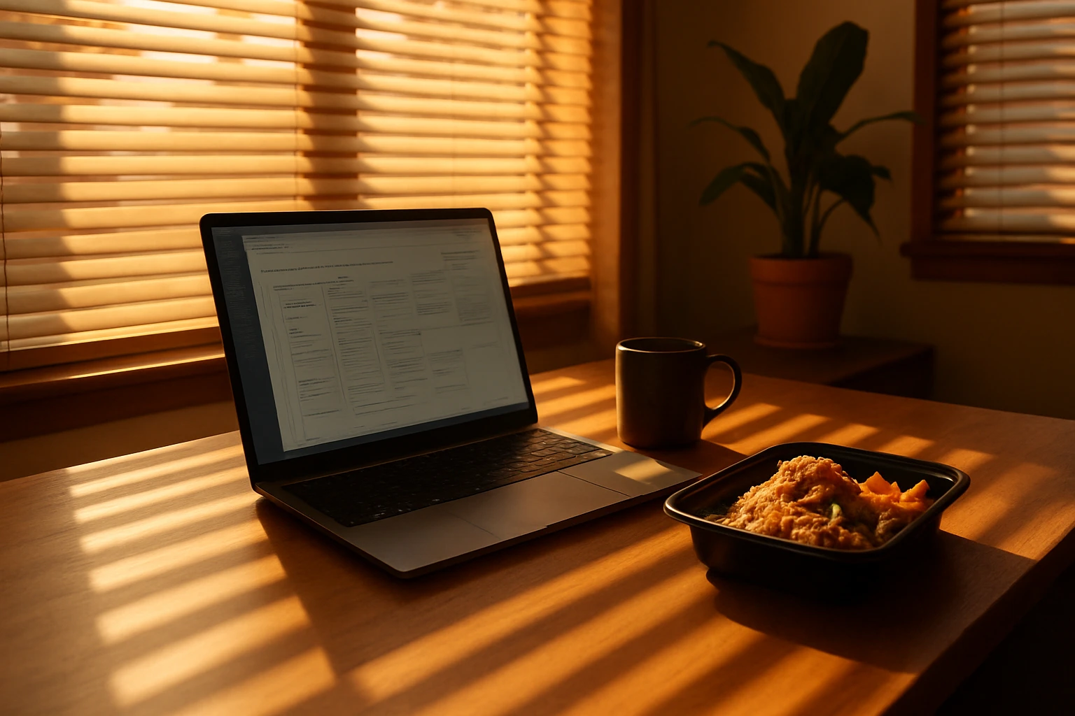 Insulated meal delivery bag open on a modern home-office desk beside a laptop, with colorful containers of fresh salad and grilled protein, Southern California light through a window