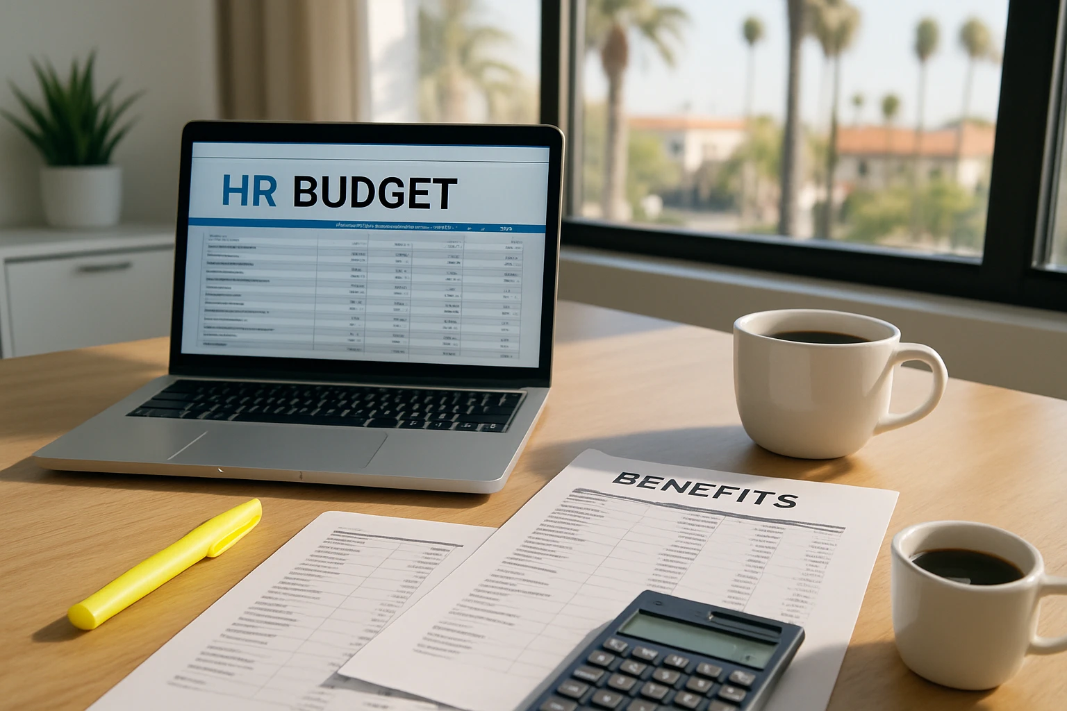 HR budget spreadsheet on a laptop with a printed benefits line-item breakdown and a calculator on an organized Southern California office desk