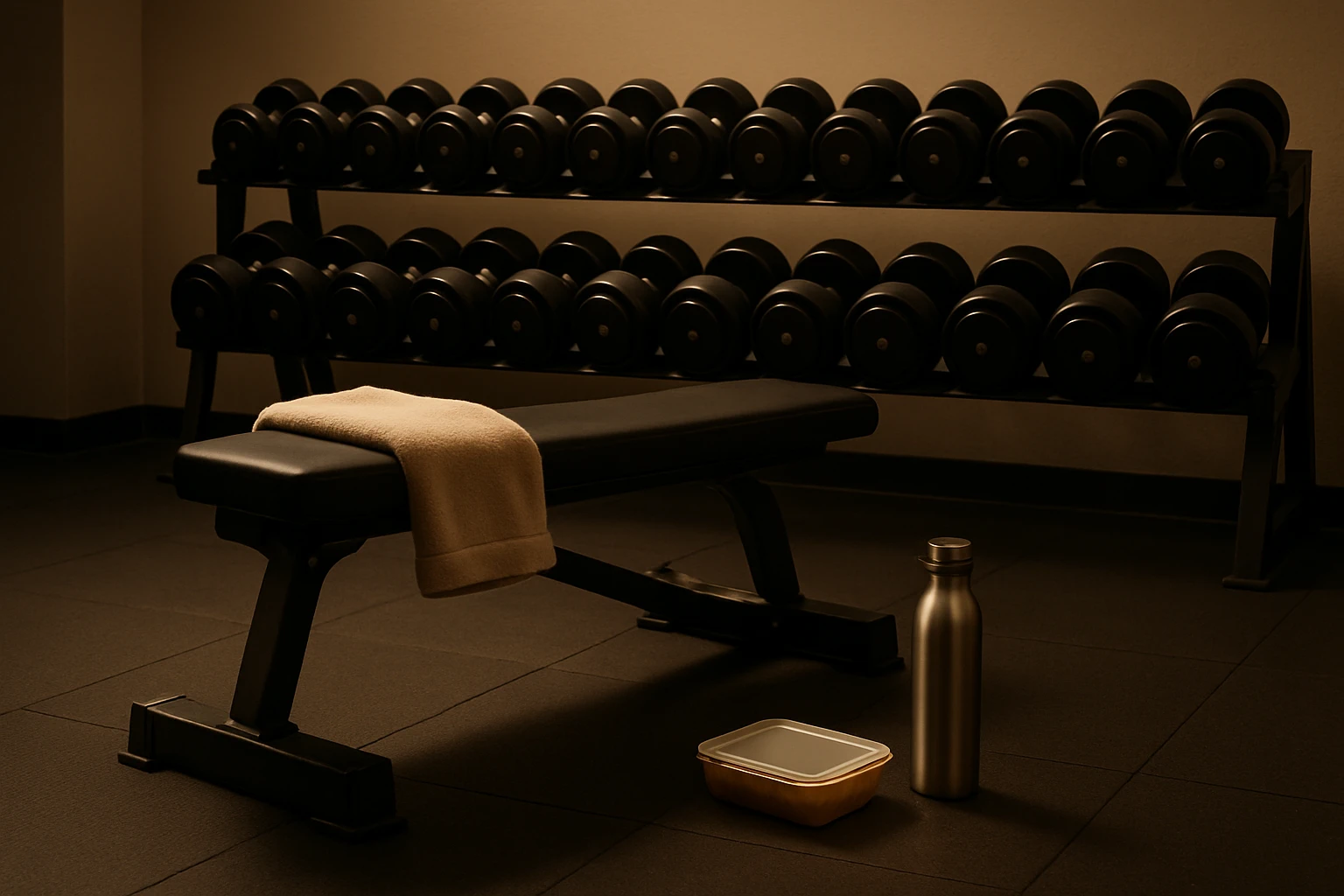 Bright modern gym break room with a counter of labeled fresh meal containers and protein bowls, gym equipment visible through a glass partition