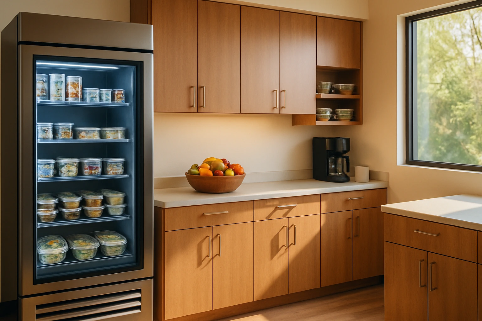 Modern Southern California office break room with a smart fridge, fresh fruit bowl, and individual meal containers on a shelf showing active use