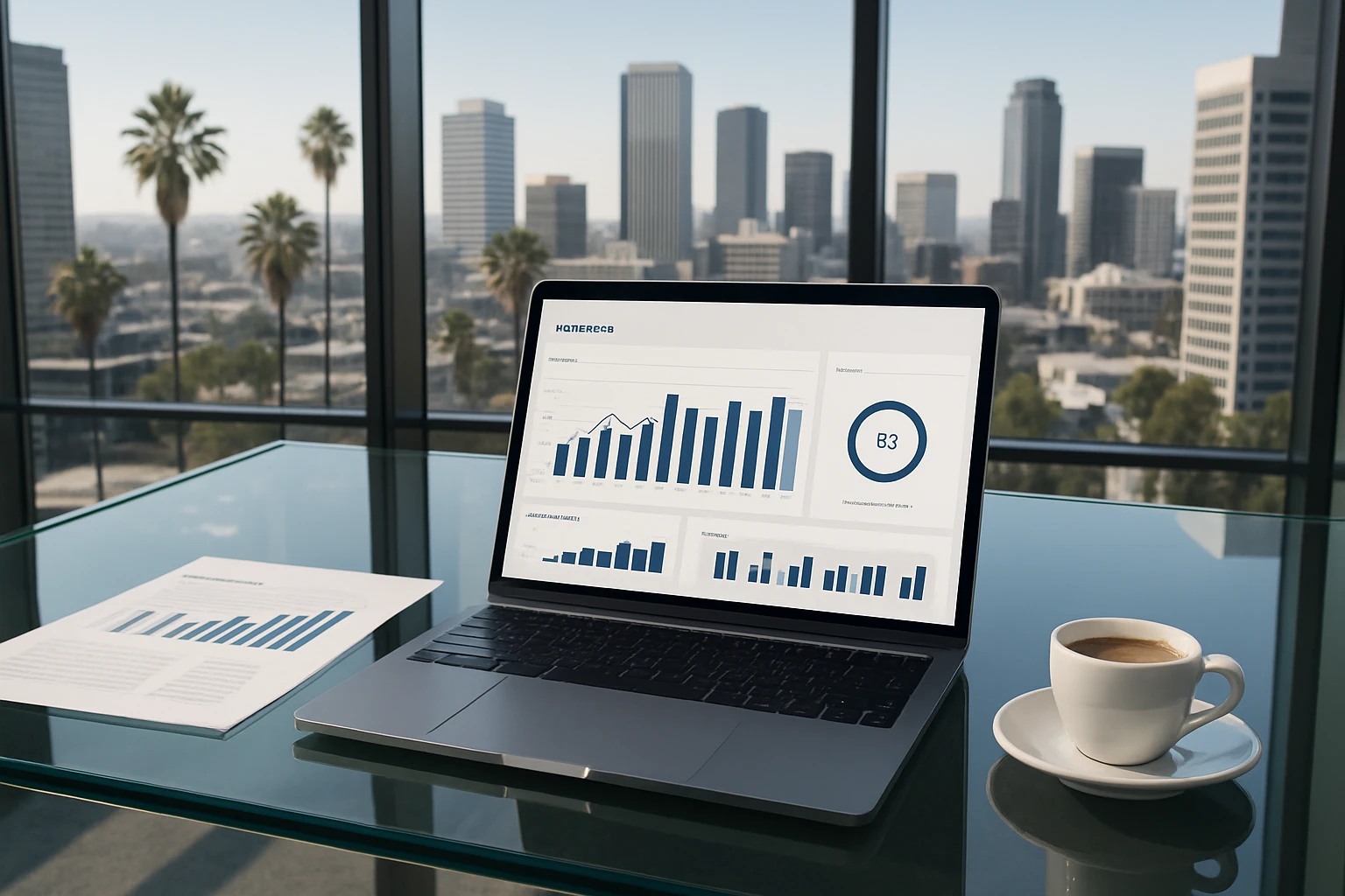 A laptop showing financial ROI charts on an executive desk in a modern Southern California corporate office
