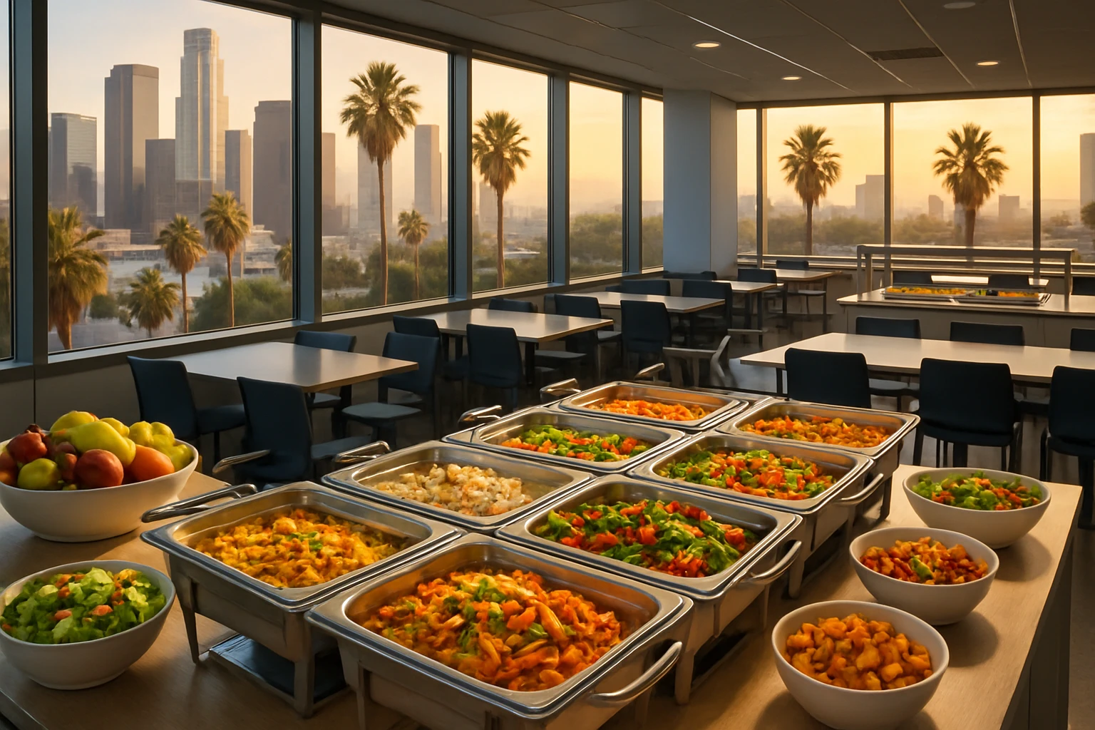 A hot lunch buffet with chafing dishes inside a Los Angeles high-rise office with the LA skyline visible through floor-to-ceiling windows