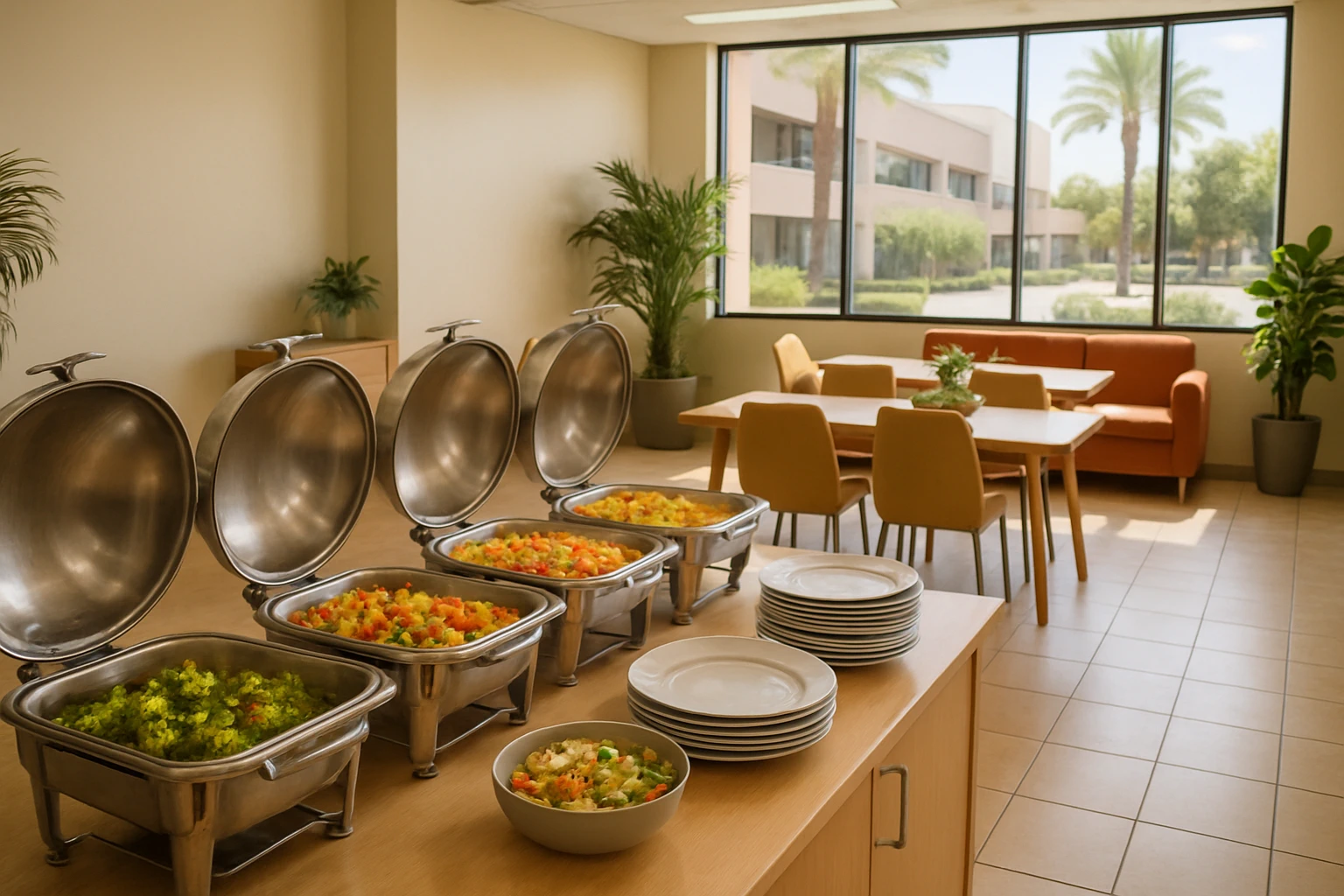 Warm inviting office break room set up for a shared lunch with hot buffet dishes and pleasant seating area designed to be a reason to come into the office