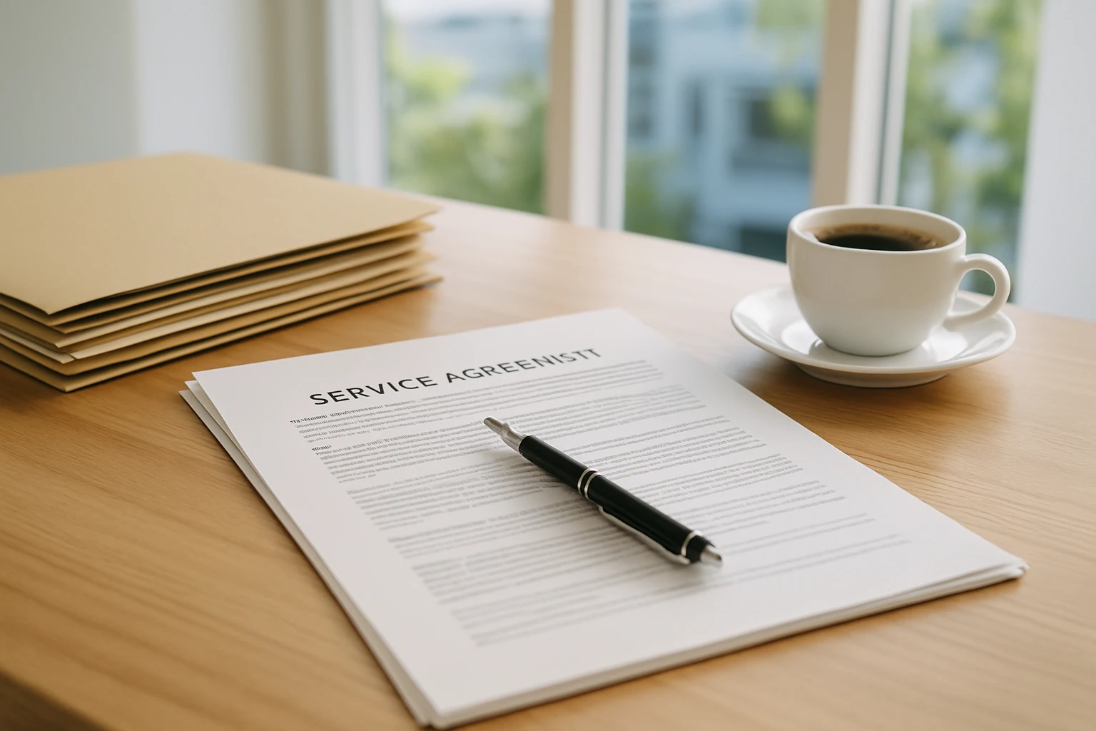 A workplace food service contract document on a modern office desk with a silver pen resting on the page