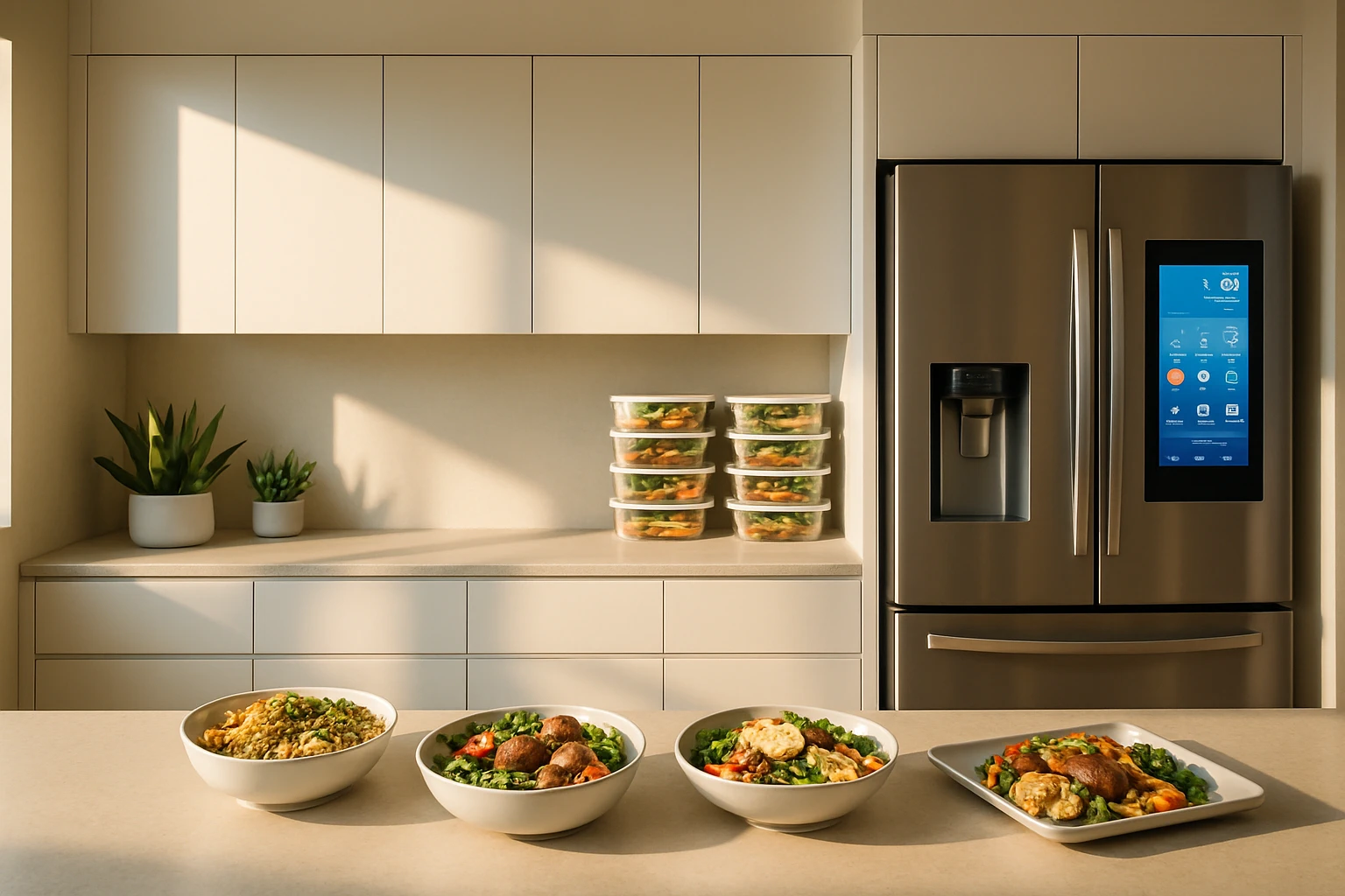 A sleek minimalist office kitchen with a smart fridge, neatly stacked fresh meal containers, and grain bowls on display in Southern California