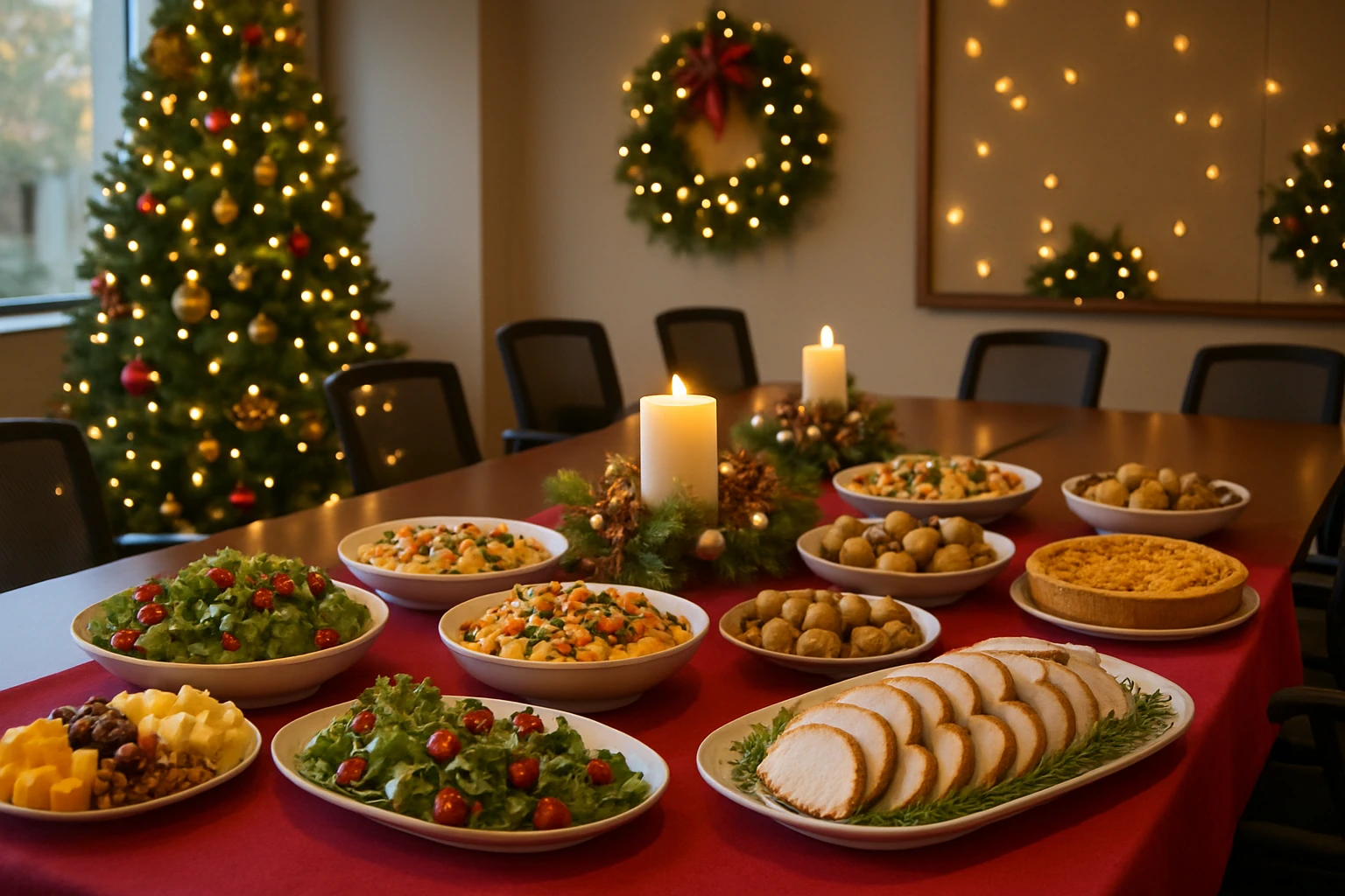 Holiday office party food spread for a workplace team