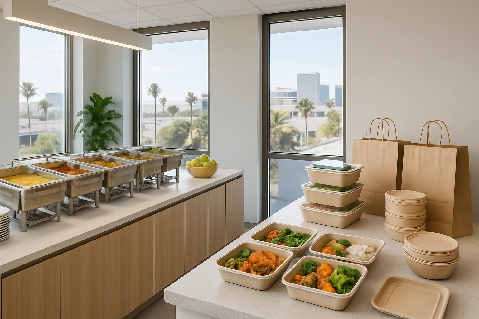 Office break room with a fresh buffet for in-office team members and meal delivery packaging on the counter for remote employees