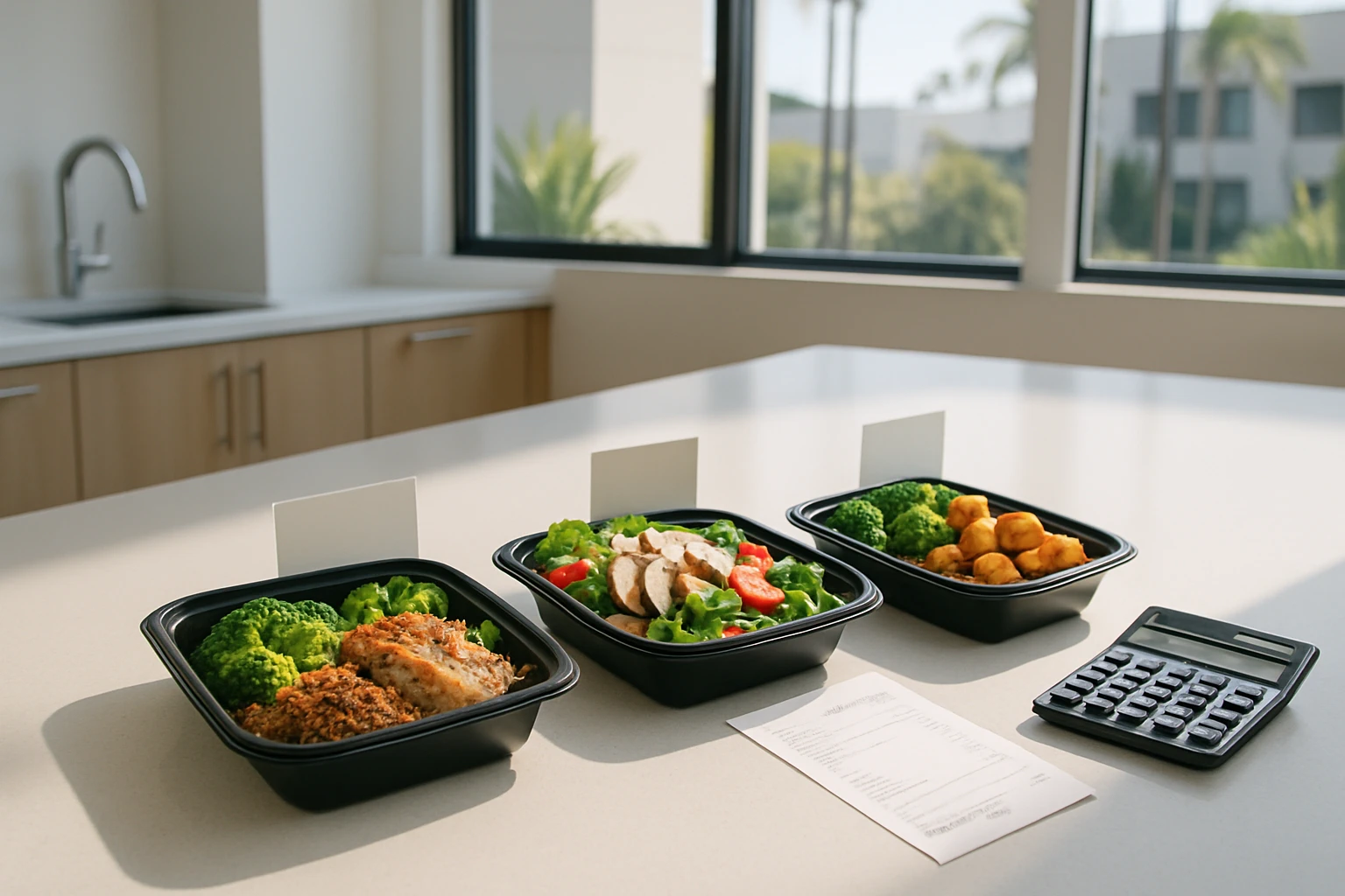 Fresh meal containers with price cards and an invoice on a clean countertop in a modern Southern California office kitchen
