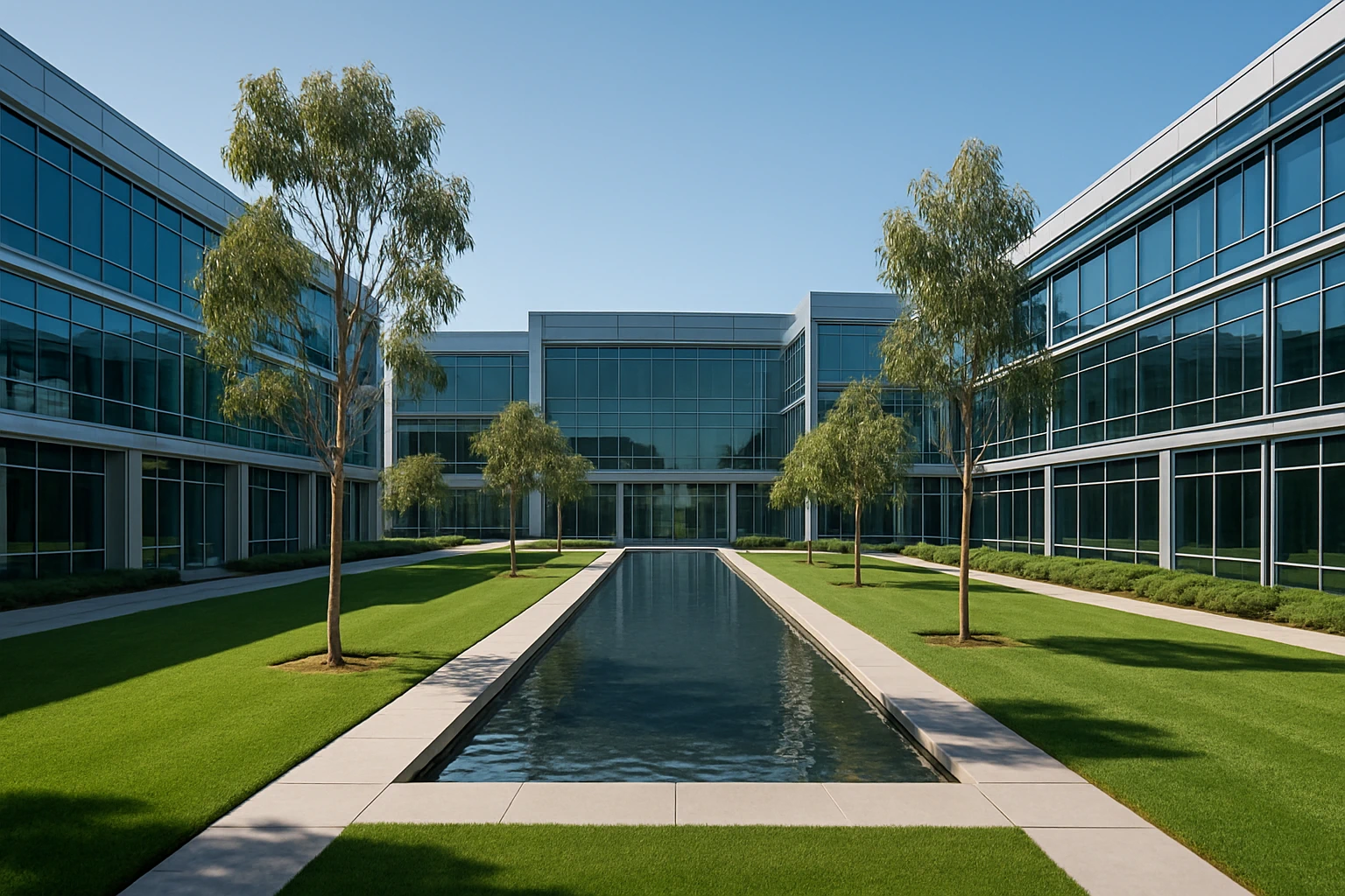 A fresh hot lunch buffet with chafing dishes inside a contemporary Irvine California office overlooking manicured landscaping