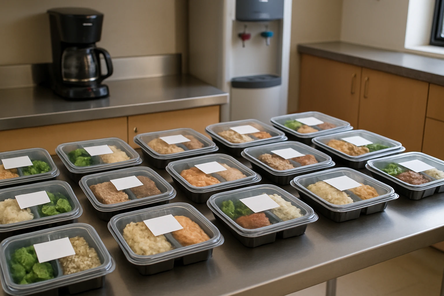 Fresh labeled individual meal containers on a stainless counter in a Riverside California hospital break room with a coffee maker nearby