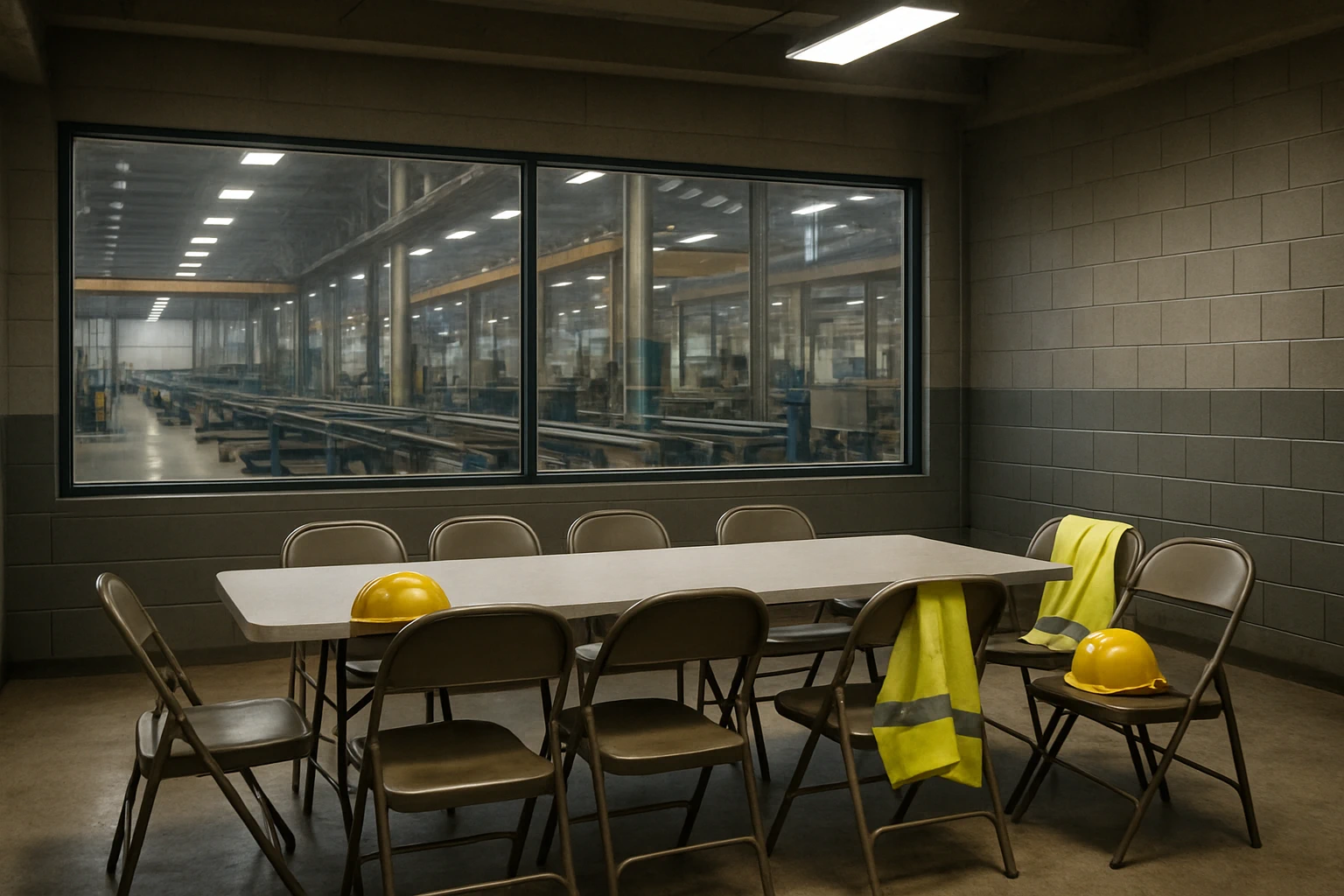 Spotless industrial break room with stainless steel counter, rows of healthy meal containers with colorful lids, and fresh fruit on a manufacturing plant site