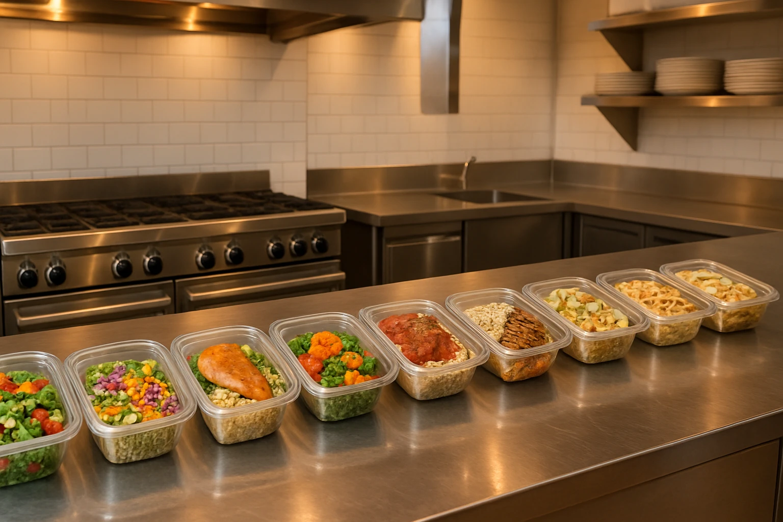 A row of fresh chef-prepared meal containers lined up on a stainless steel counter in a bright modern office kitchen