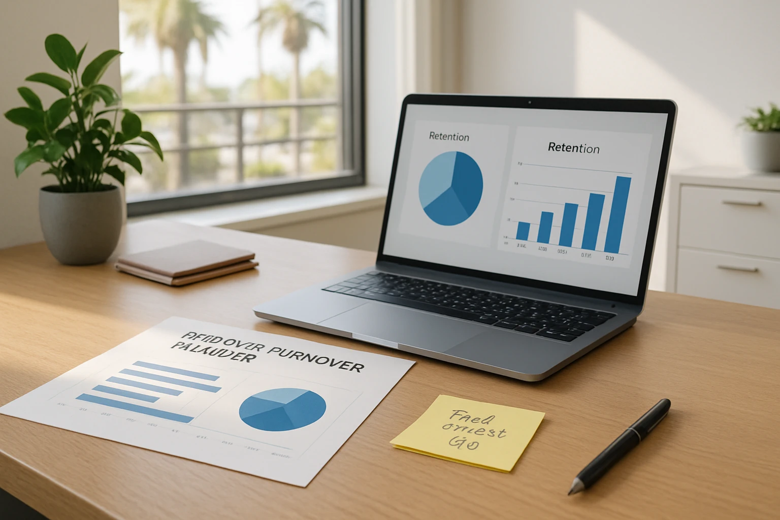 HR desk with employee retention analysis report, laptop showing retention charts, and a food benefit planning note in a modern Southern California office