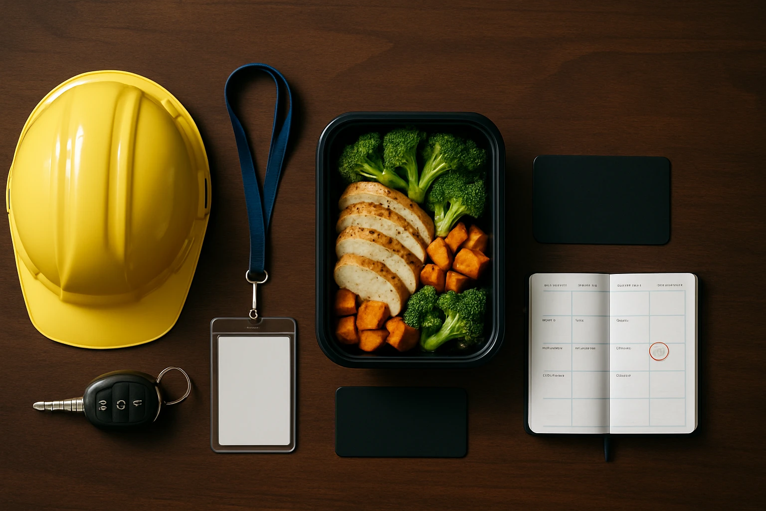 Clean office break room counter with labeled fresh meal containers on one side and symbolic office perks — a mug, gift card, and small trophy — on the other, warm studio lighting