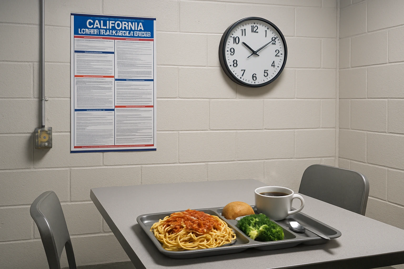 A clean industrial break room with a fresh hot meal tray on a table and a clock on the wall showing noon