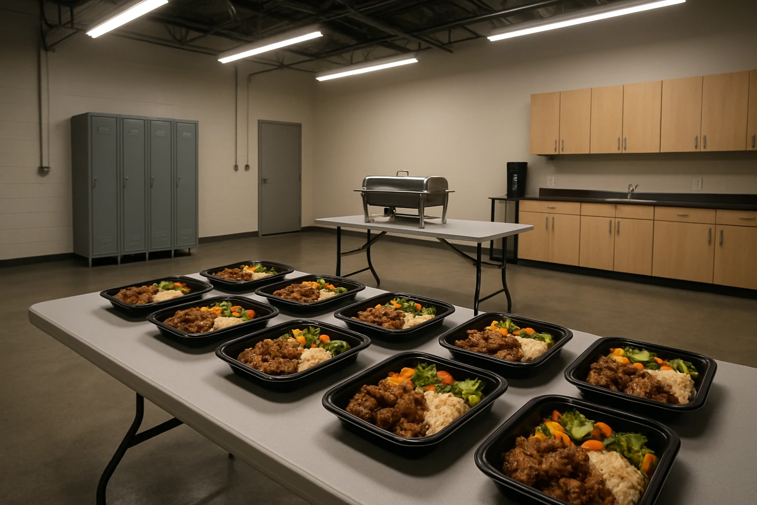 Clean Inland Empire warehouse break room with individual hot meal containers laid out on tables and a chafing dish in the background