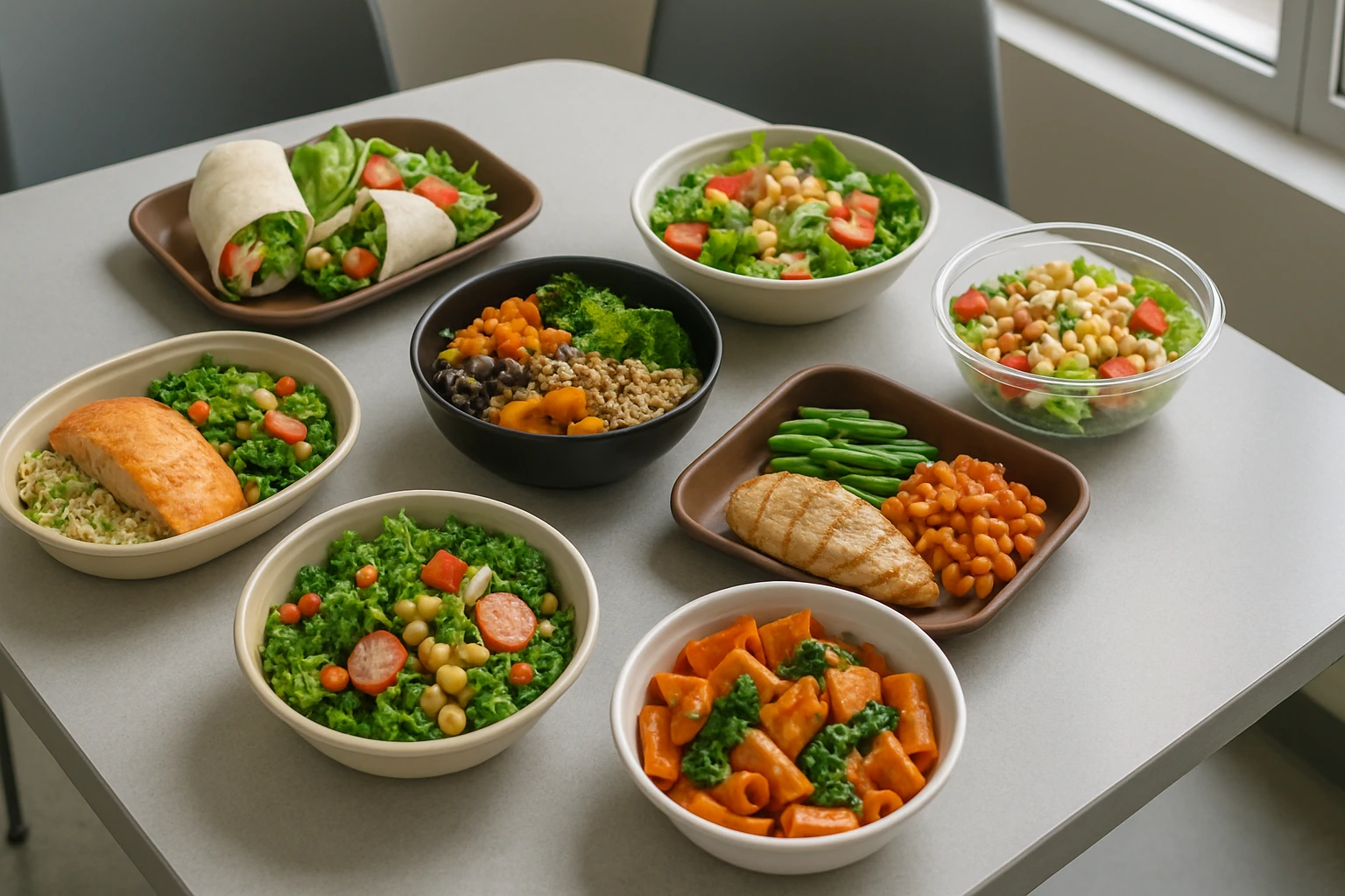 A spread of fresh sample meal containers on a breakroom table showing varied dishes for an employee pilot program
