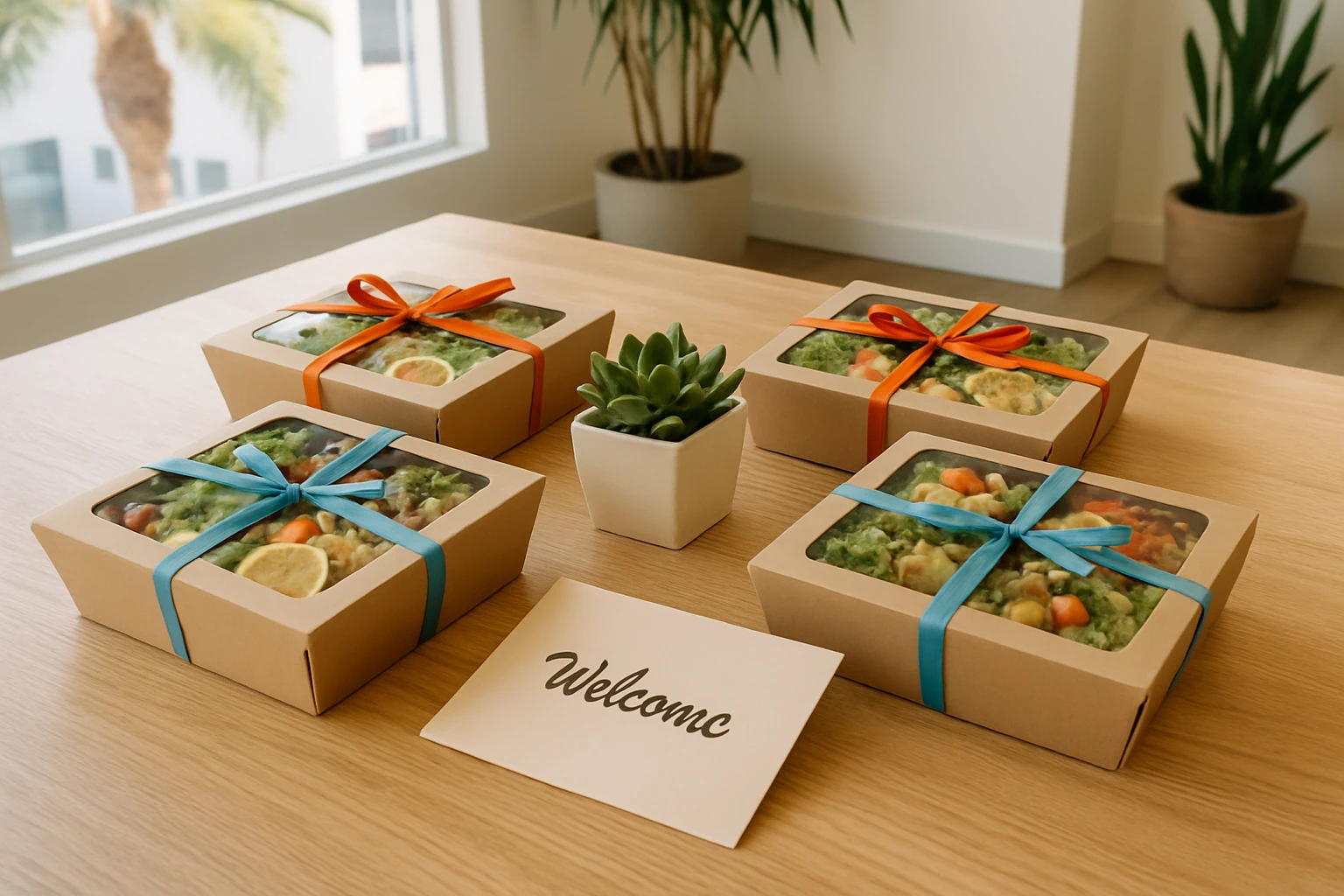 Boxed fresh welcome lunches arranged on a light-wood table in a bright Southern California office with a succulent centerpiece