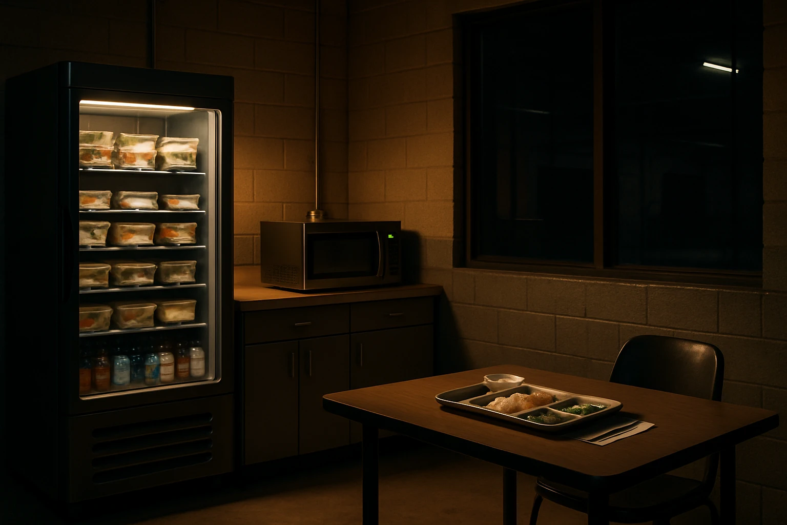 Stocked smart fridge glowing with fresh meal containers in a warm industrial break room at a Fontana California warehouse at night