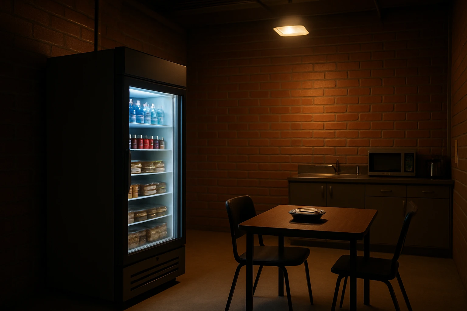 Warm industrial break room at night in San Bernardino California with a glowing smart fridge stocked with fresh meal containers