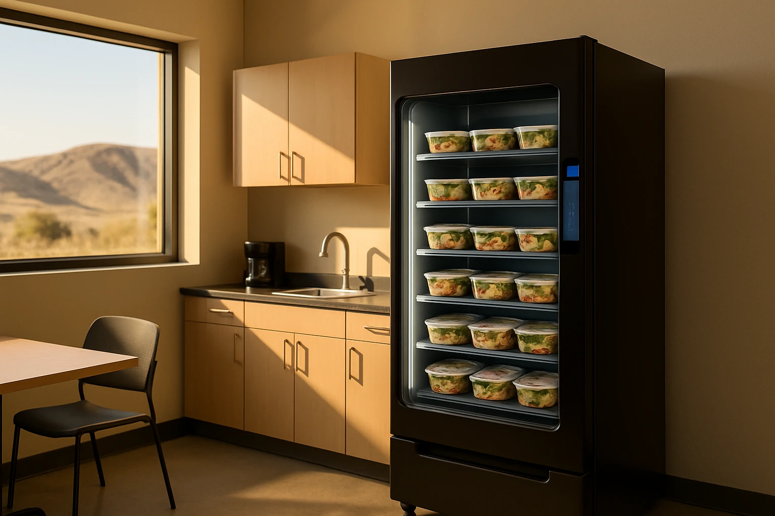 Smart fridge stocked with fresh meal containers in a Temecula California break room with California hills visible through a southwest-facing window