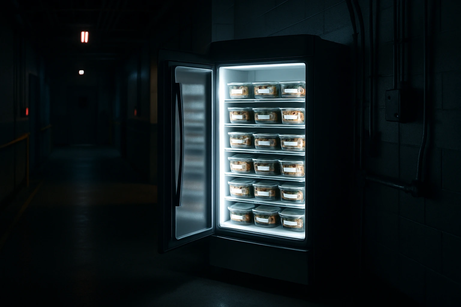 Glowing smart fridge in a dimly lit overnight industrial facility hallway, interior lights illuminating rows of fresh labeled meal containers