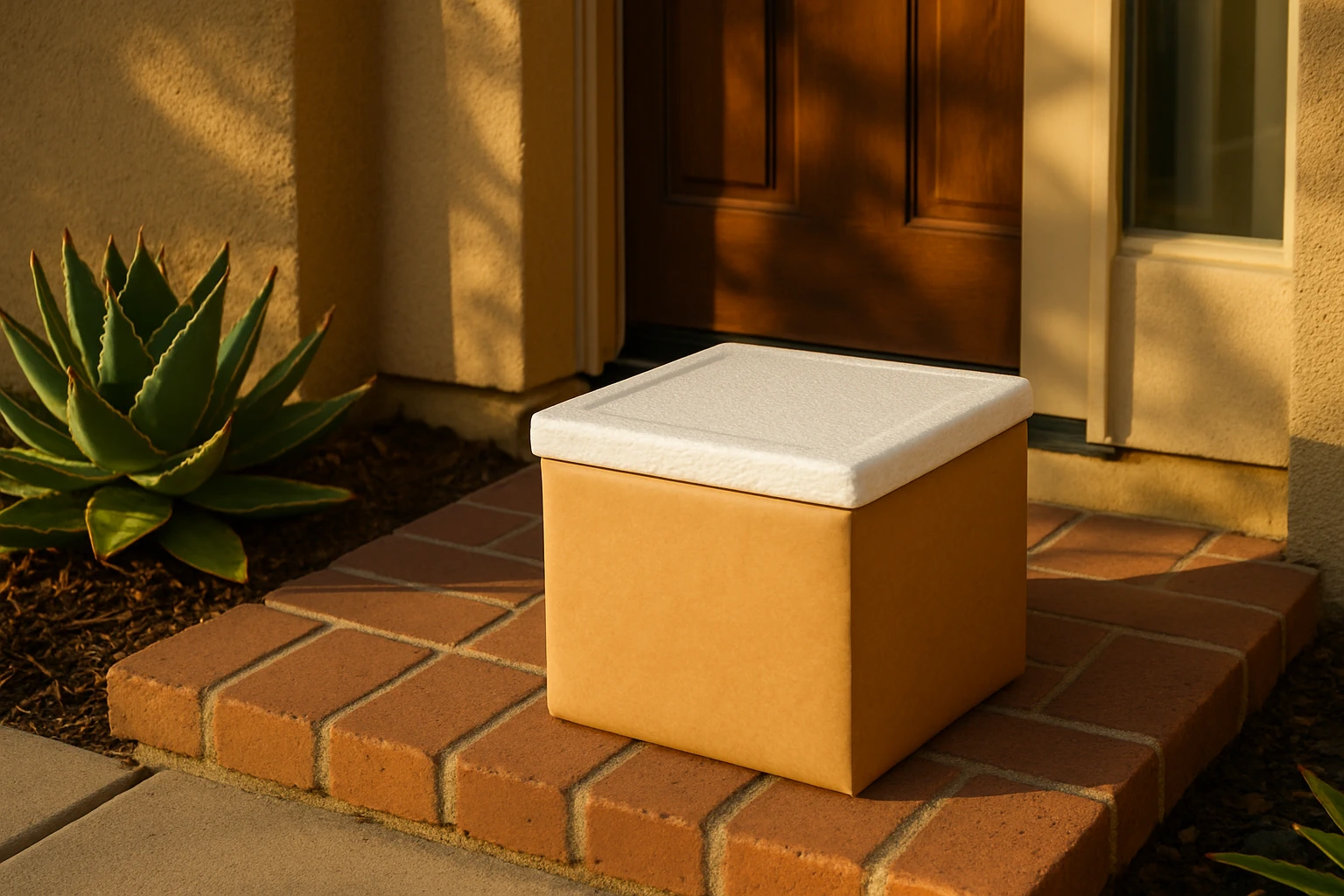Fresh insulated meal delivery box on the doorstep of a suburban Southern California home with a succulent plant nearby in warm afternoon light