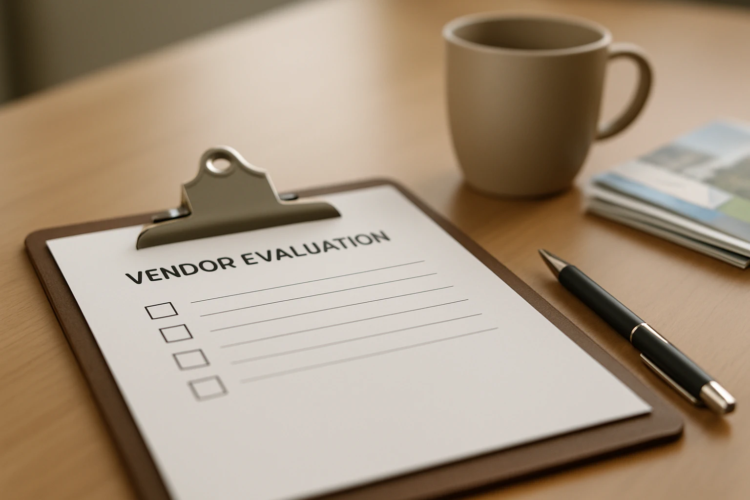 A vendor evaluation checklist on a clipboard with a ballpoint pen on a clean office desk, ready to be reviewed