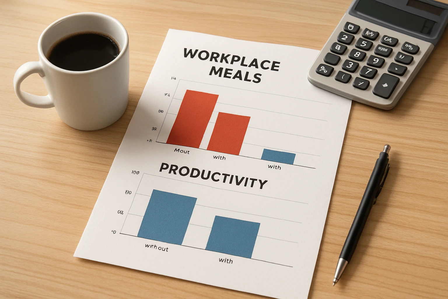 Printed ROI report with bar charts and a calculator on a clean wooden desk with a coffee mug in a bright office