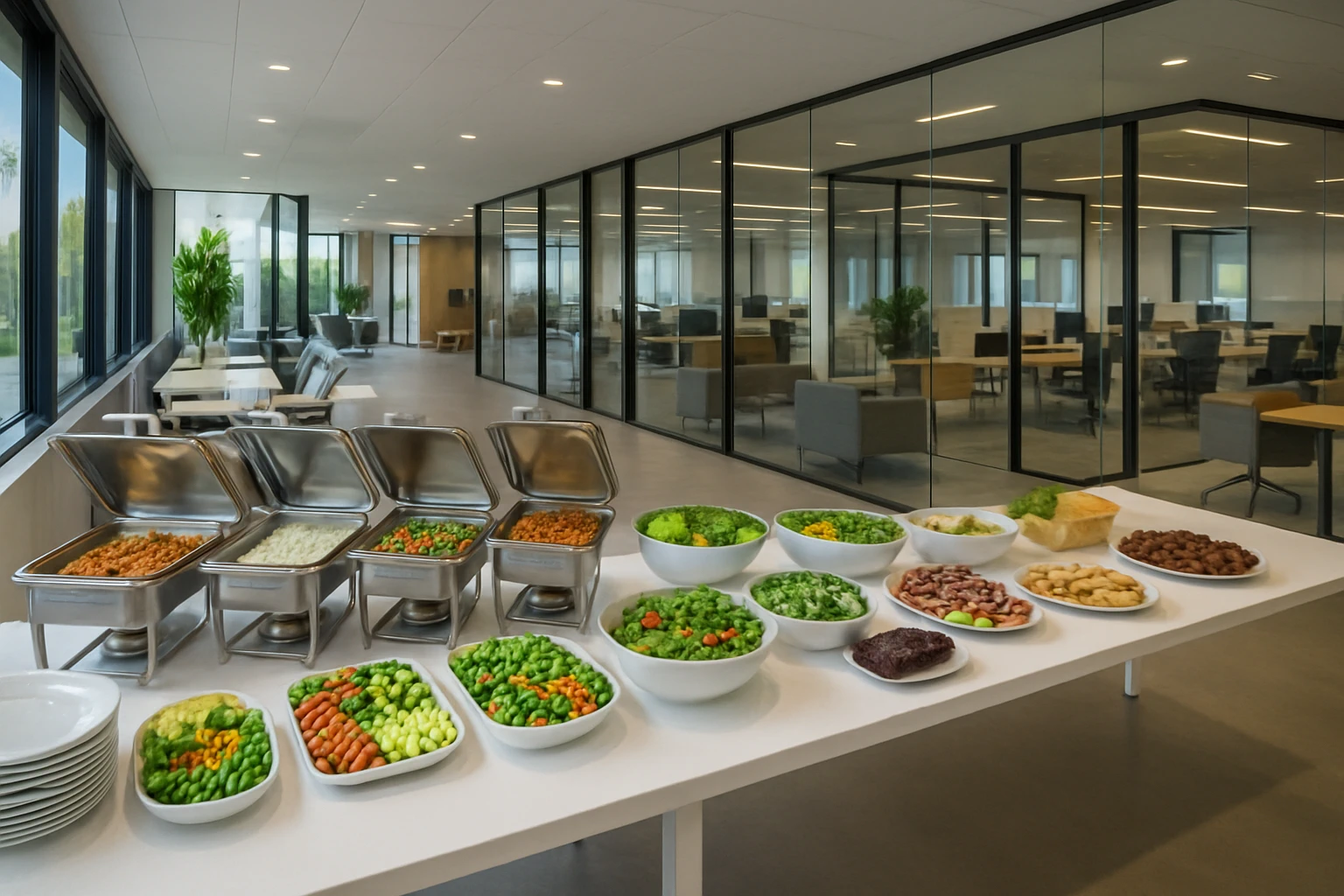 A long catering table with multiple fresh meal stations extending through a bright open Southern California corporate campus break room