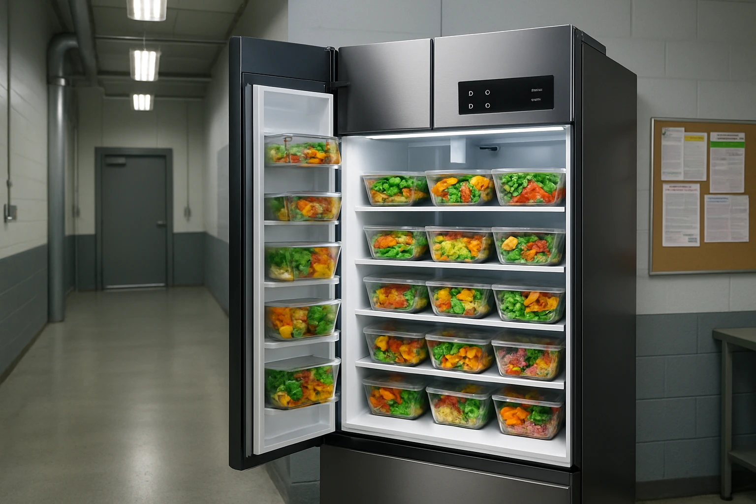 Modern smart fridge stocked with fresh labeled meal containers in the break room of an Anaheim California manufacturing facility