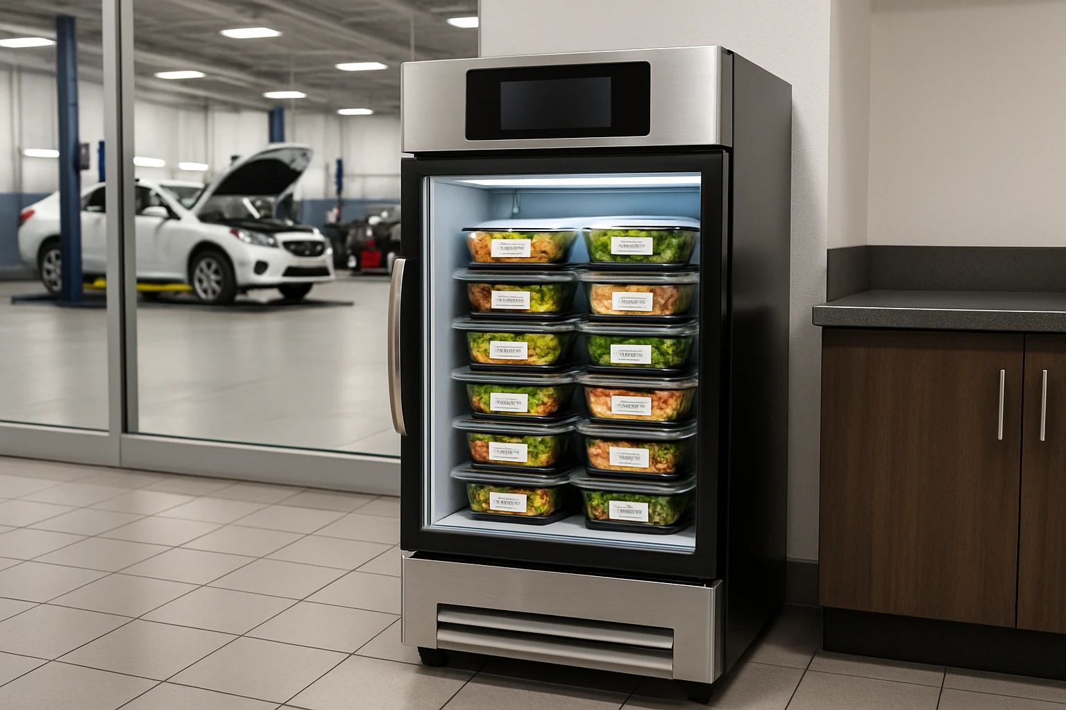 Compact smart fridge stocked with fresh meal containers in an auto dealership service department break area with bright overhead lighting