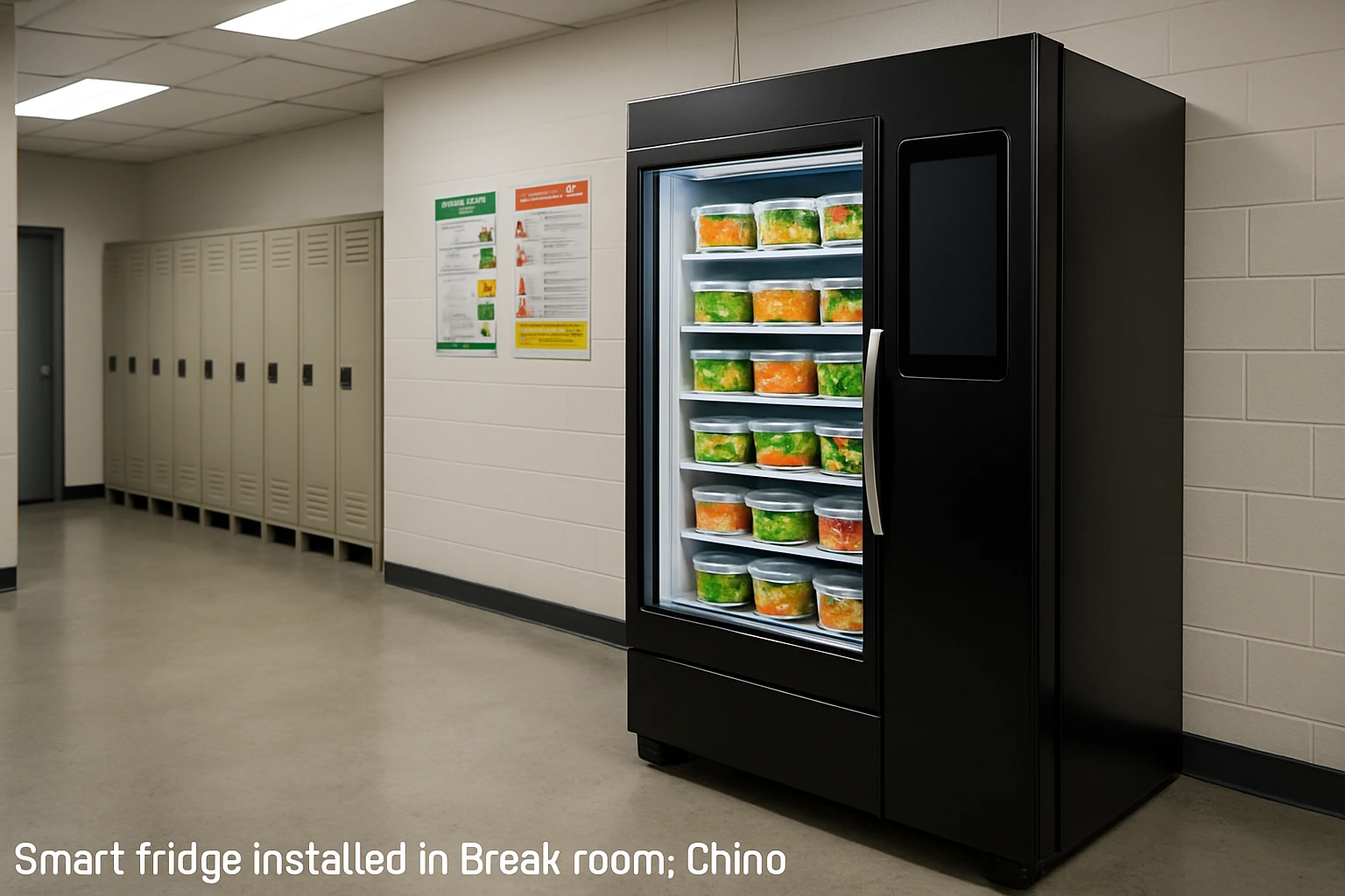 Smart fridge stocked with fresh meal containers in a clean Chino California industrial facility break room with fluorescent lighting and safety posters
