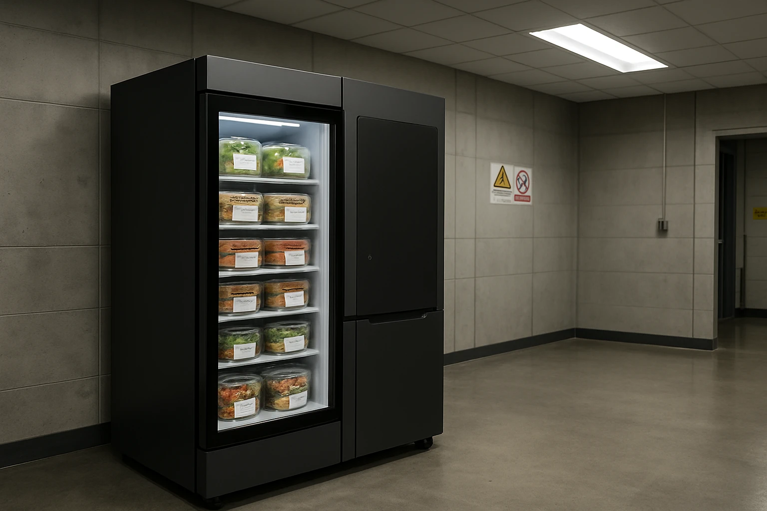 Smart fridge stocked with fresh labeled meal containers in a Corona California logistics park break room