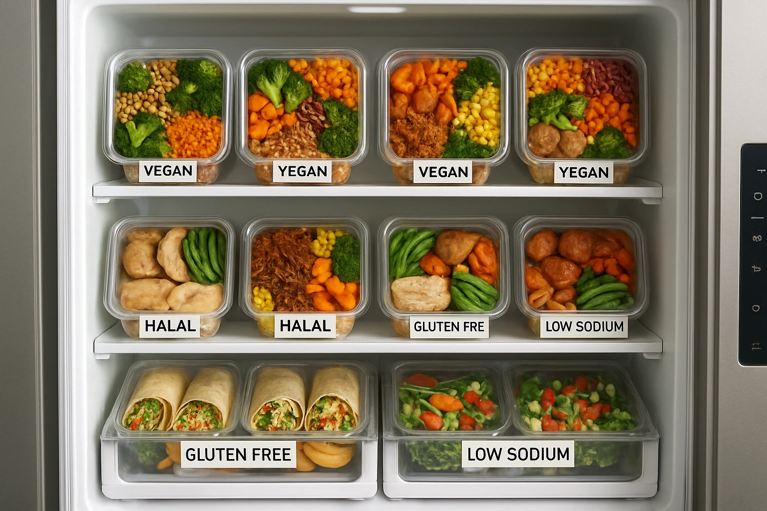 Interior of a smart fridge showing diverse fresh meal containers including vegan grain bowls, halal-labeled proteins, gluten-free wraps, and low-sodium options organized in sections