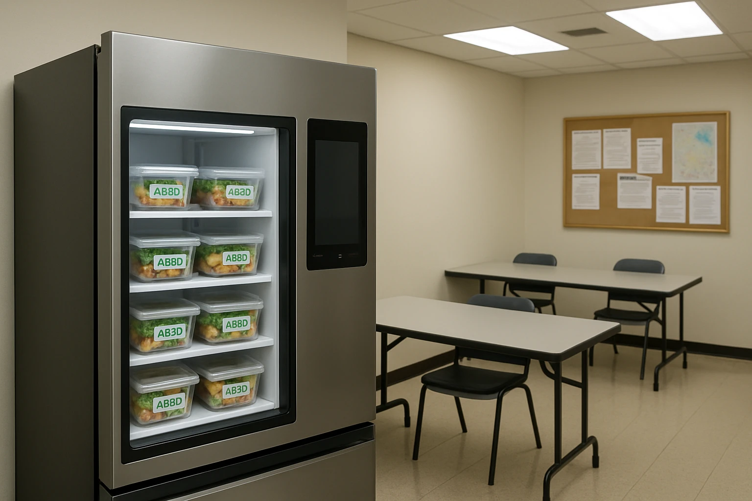 Smart fridge with fresh labeled meal containers in a clean Southern California government office break room with bulletin board and folding tables